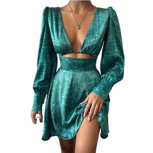 Green Teal Floral Mini Dress Size Large (8-10) P2P 16”